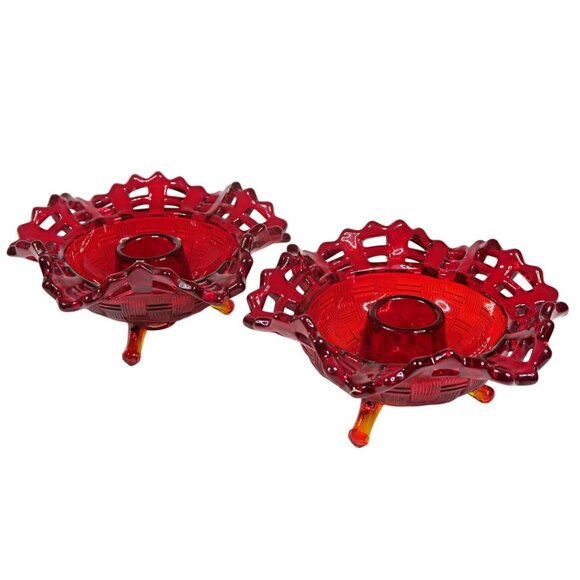 Fenton Red Amberina Basketweave Open Edge Candlestick (Set of 2) 1930s Glass - Picture 1 of 6